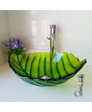 Glas Aufsatzbecken Blatt Design in Grün ohne Armatur