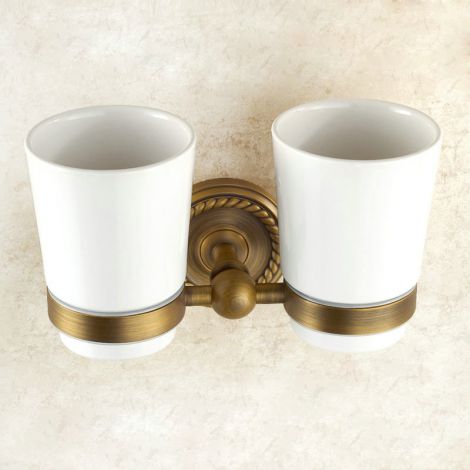 Zahnbürstenhalter Wand mit Doppelt Becher aus Keramik Antik Messing