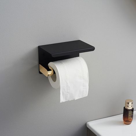 Toilettenpapierrollenhalter mit Ablage Wand aus Messing in Schwarz