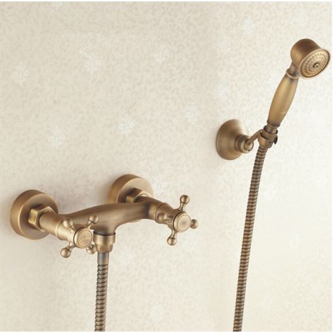 Wannenarmatur Wandmontage Zweigriff mit Handbrause in Antik Messing