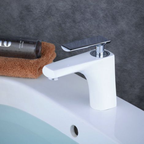 Moderne Waschtischarmatur Mischbatterie aus Messing in Weiß mit Chrom Griff