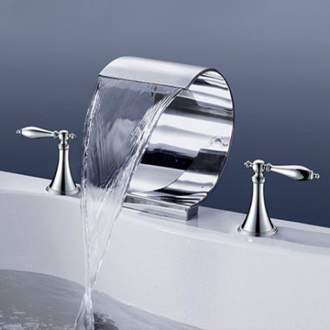 Duscharmatur 3-Loch für Wannenrand Wasserfall mit Zweigriff in Chrom