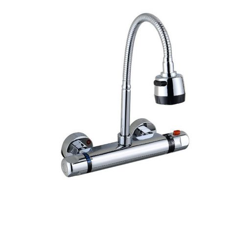 Spültischarmatur mit Thermostat flexiblem Auslauf Wandmontage 2-Loch in Chrom