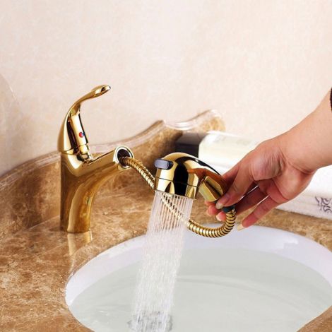 Ausziehbarer Einhebelmischer in Gold für Küche/Waschtisch