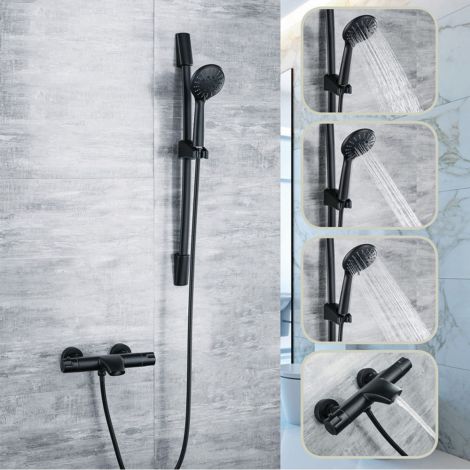 Wannenmischer mit Thermostat Brausestange Set mit Handbrause in Schwarz