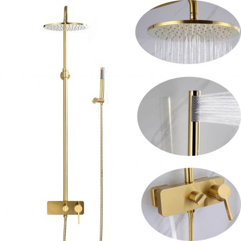 Duschsystem mit Einhebelmischer Kopfbrause Rund Stabhandbrause in Gold