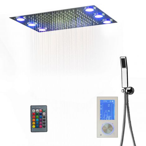 Led Duschsystem Thermostat mit Edelstahl-Regenpaneel Eckig für Deckenmontage und Handbrause in Chrom