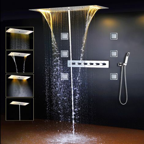 Led Duschsystem mit Thermostat Edelstahl-Regenpaneel für Deckeneinbau mit Handbrauseset Seitenbrause