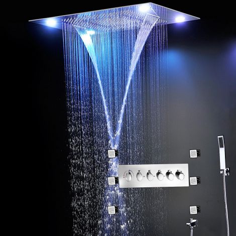 Duschsystem mit Thermostat Led Edelstahl-Regenpaneel für Deckeneinbau mit Handbrause Seitenbrause