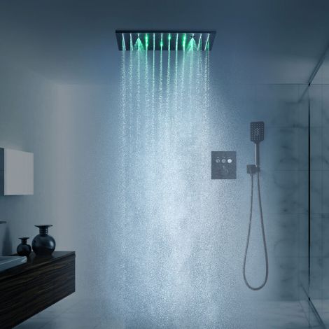 Duschsystem mit Thermostat Edelstahl-Regenpaneel für Deckeneinbau mit Handbrause in Schwarz