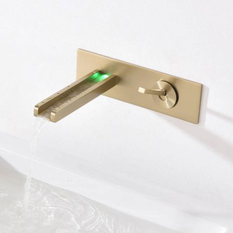LED Wasserfall Waschtischarmatur aus Messing in Golden gebürstet