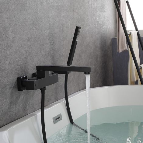 Wannenmischer mit Thermostat Handbrause aus Messing in Schwarz