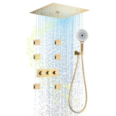 Led Duschsystem Unterputz Thermostat mit Bluetooth-Musik in Gold gebürstet/Schwarz