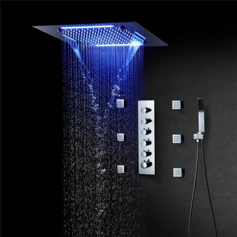 Led Duschsystem Thermostat in Chrom/Schwarz mit Seitenbrause und D50cm Duschkopf
