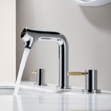 Waschtischarmatur 2 Griff 3 Löcher aus Messing mit Led Anzeige