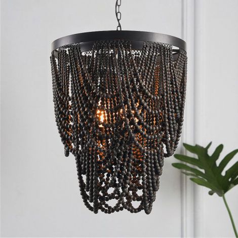 Pendelleuchte in Schwarz mit Holzkugeln aus Eisen 6 flammig