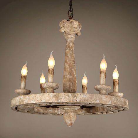 Antike Pendelleuchte Rund mit Kerze Design aus Holz Eisen 6 flammig