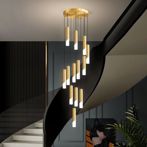 Led Pendelleuchte Gold Säule Design aus Acryl Messing für Treppenhaus