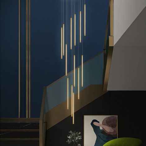 Led Pendelleuchte Gold Langstreifen Design aus Silikagel Messing für Treppenhaus