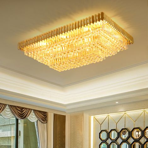 Gold Deckenleuchte Rechteckige Form aus Metall Kristall für Wohnzimmer