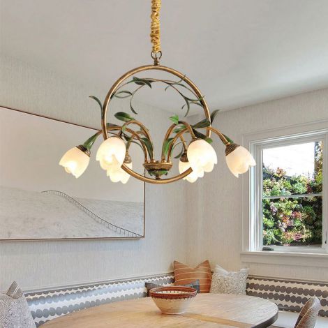 Französische Eisen Pendelleuchte Altstil Glas Blüte