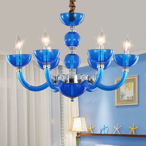 Blaue 6 flammige Glas Pendelleuchte mit Eisen