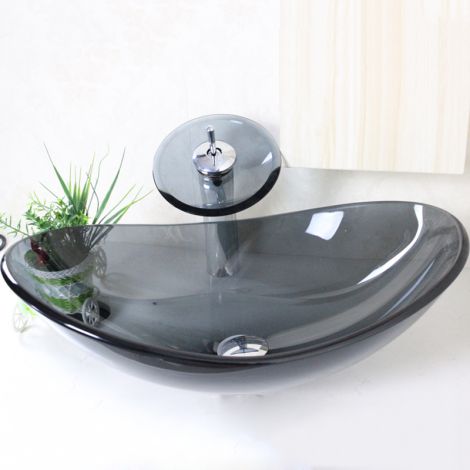 Modern Waschbecken Oval Grau Transparent Glas mit Wasserfall Armatur Set