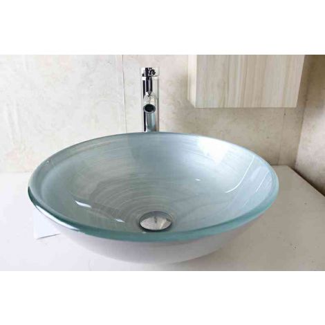 Glas Aufsatzbecken Rund in Silber D42cm ohne Armatur