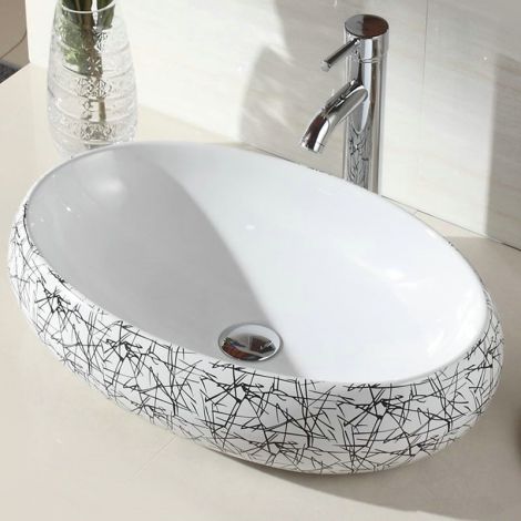 Keramik Waschbecken Weiß Geometrisches Muster Oval 48cm im Badezimmer (ohne Wasserhahn)