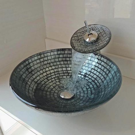 Waschbecken Set Rund aus Glas mit Wasserfall Wasserhahn  D42cm