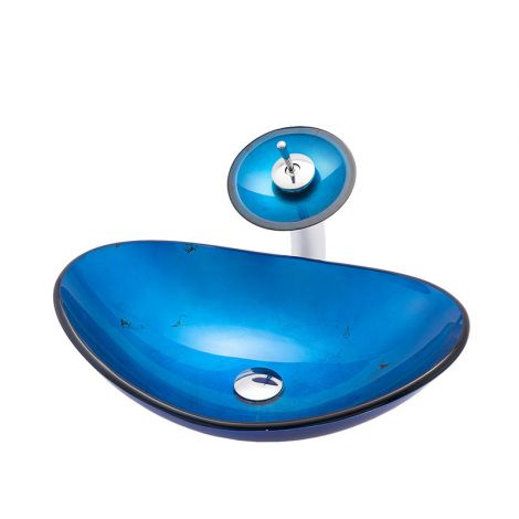 Modern Waschbecken Glas Oval mit Wasserhahn Blau