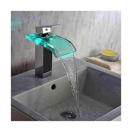Zeitgenössische Chrom LED Wasserfall Wasserkraft Glas Bad Waschtischarmatur
