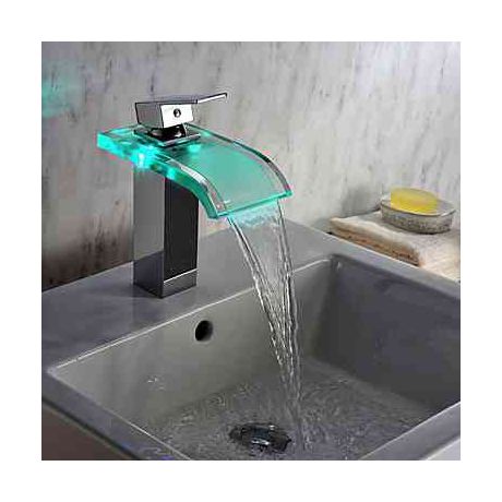 Led Waschtischmischer Einhand Wasserfall mit Glas Auslauf