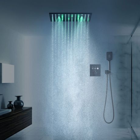 Duschsystem mit Thermostat Edelstahl-Regenpaneel für Deckeneinbau mit Handbrause in Schwarz