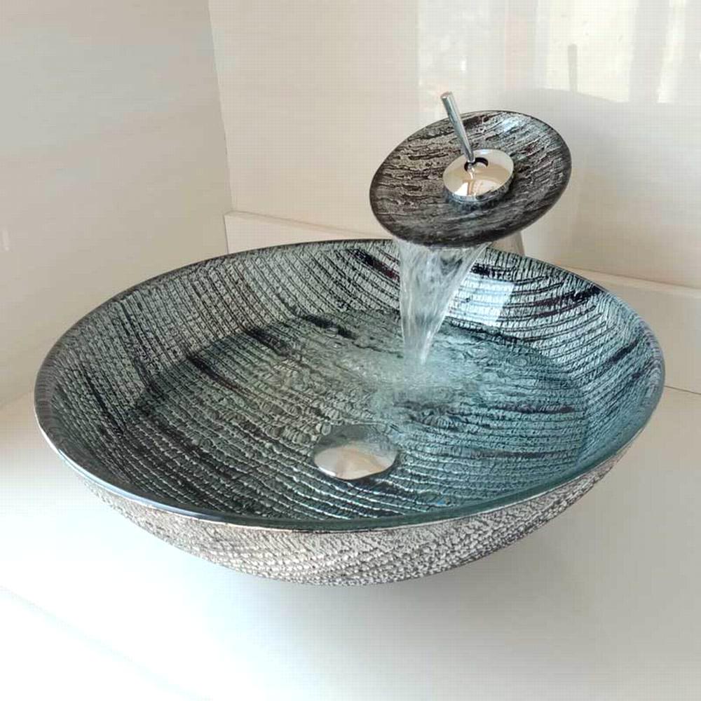 Glas Waschbecken Set Rund Design mit Wasserfall Wasserhahn von D42cm