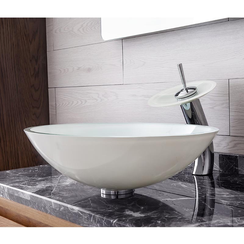 Glas Waschbecken Set mit Wasserfall Wasserhahn Oval in Weiß