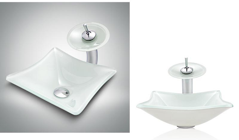 Waschbecken Set aus Glas mit Wasserfall Wasserhahn Eckig in Weiß