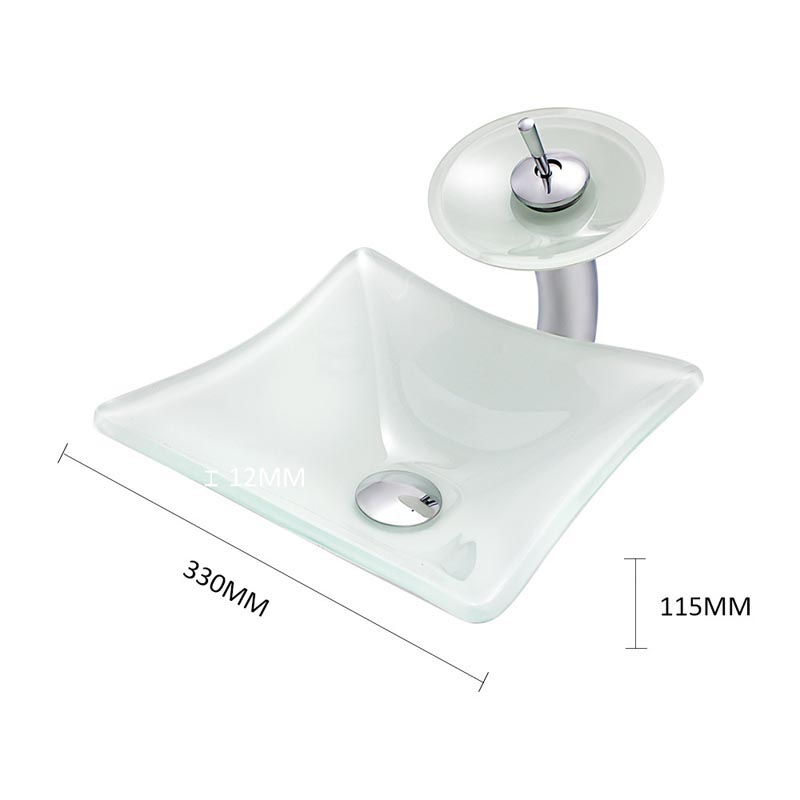 Waschbecken Set aus Glas mit Wasserfall Wasserhahn Eckig in Weiß