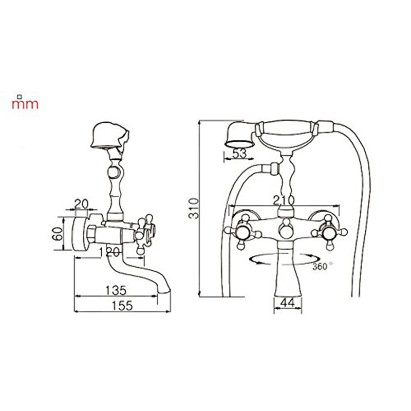 (EU Lager)Zweigriff Badewannenarmatur Antik Messing Wandmontage mit Handbrause